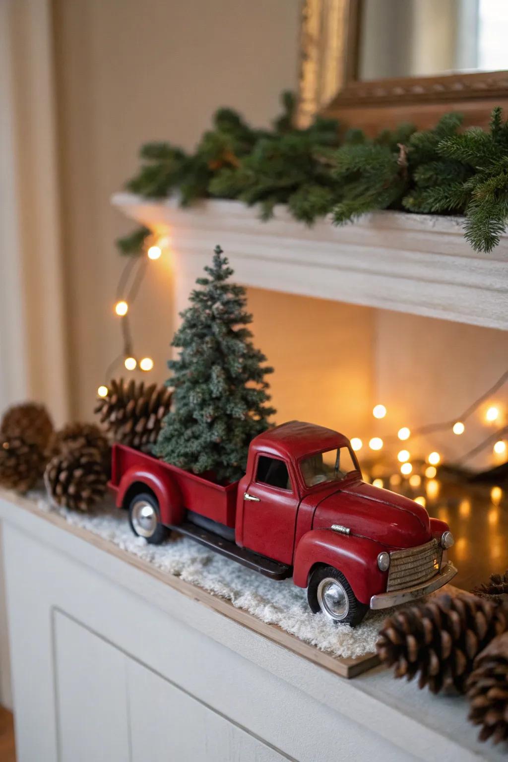 Small festive fir displayed inside a scarlet pickup on a festive mantel.