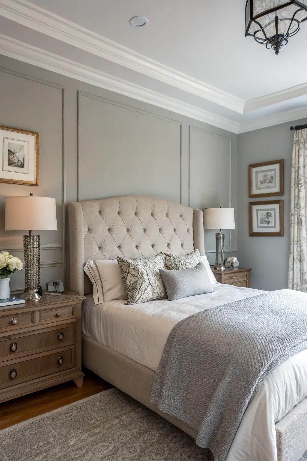 A sophisticated fabric headboard beautifully enhances the Stone Echo walls.
