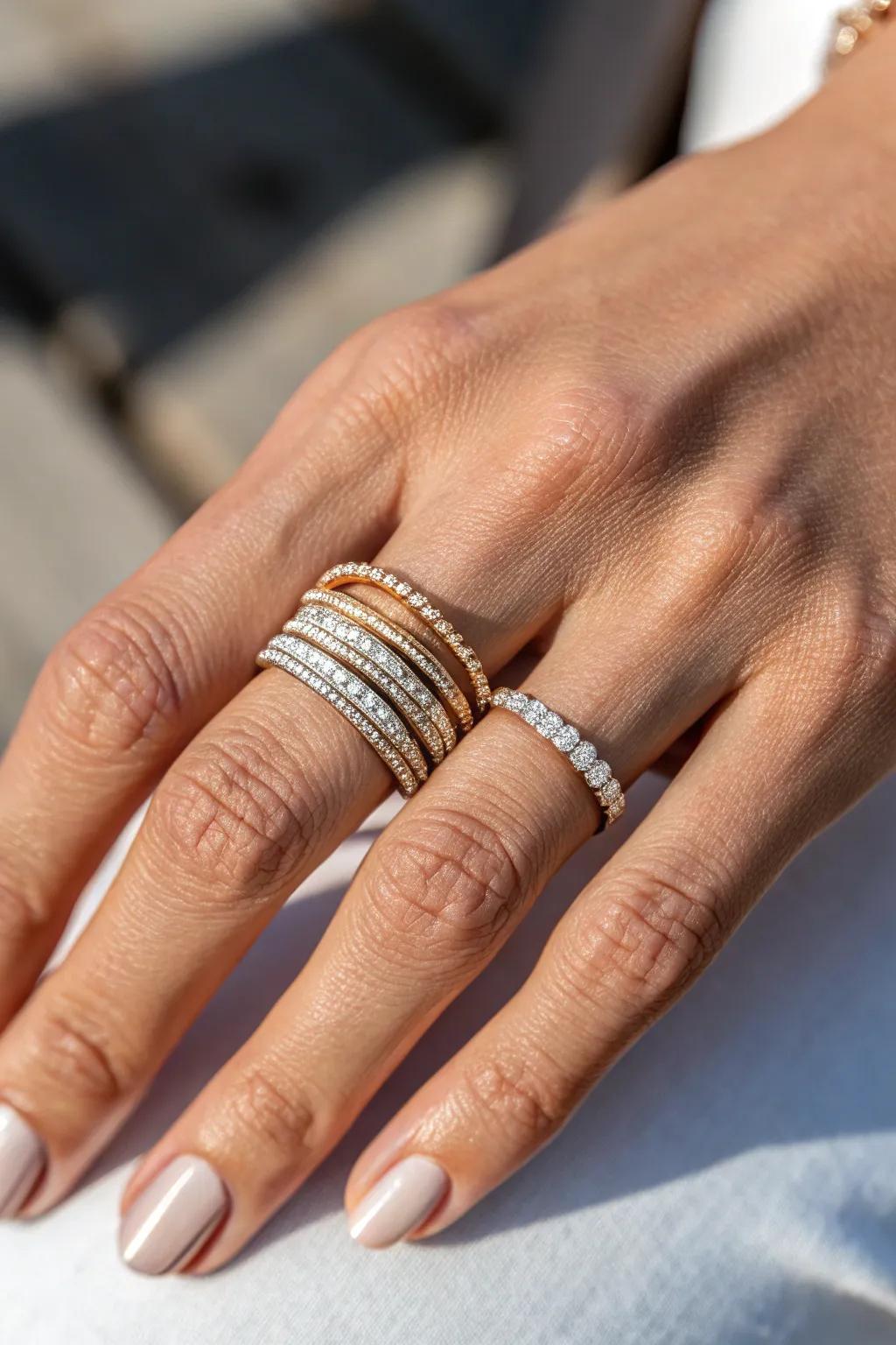 Elegant Stacked Rings on One Finger