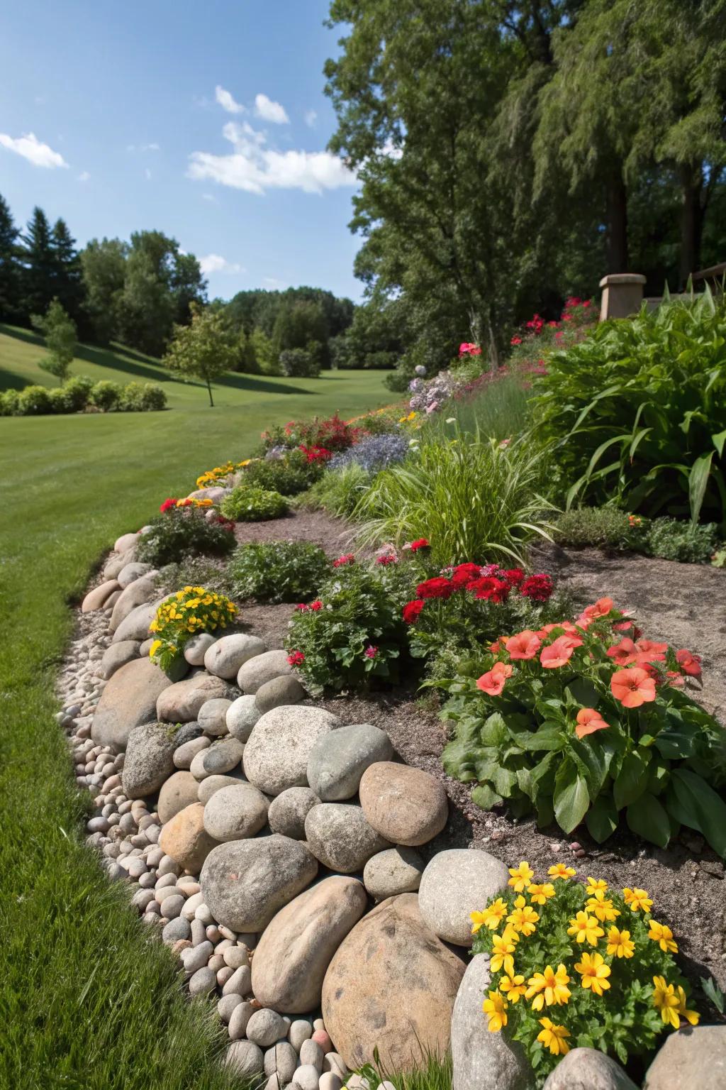 Construct distinct and refined garden borders using river rocks.