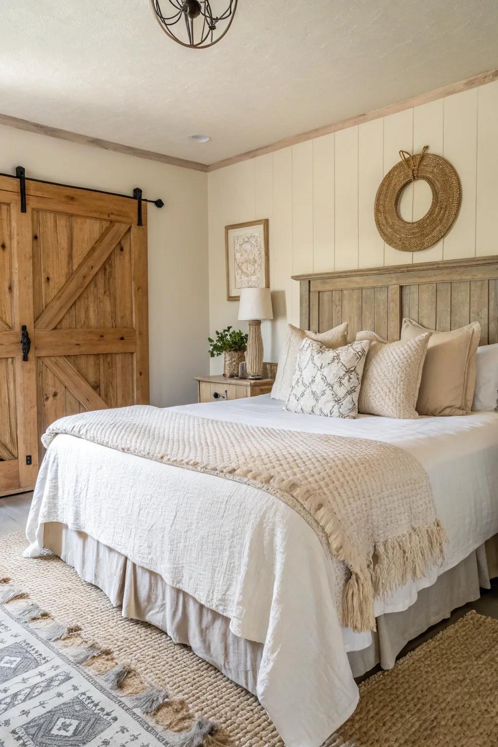Neutral shades fashion a peaceful farmhouse bedroom ambiance.