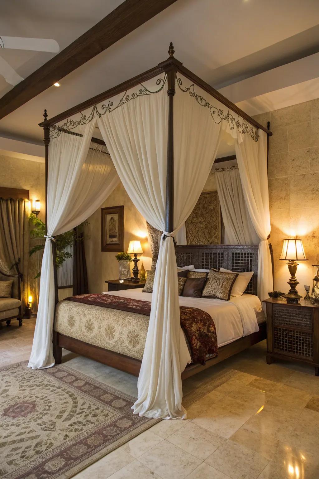 A canopy bed draped with soft fabrics, creating a cozy and regal atmosphere.