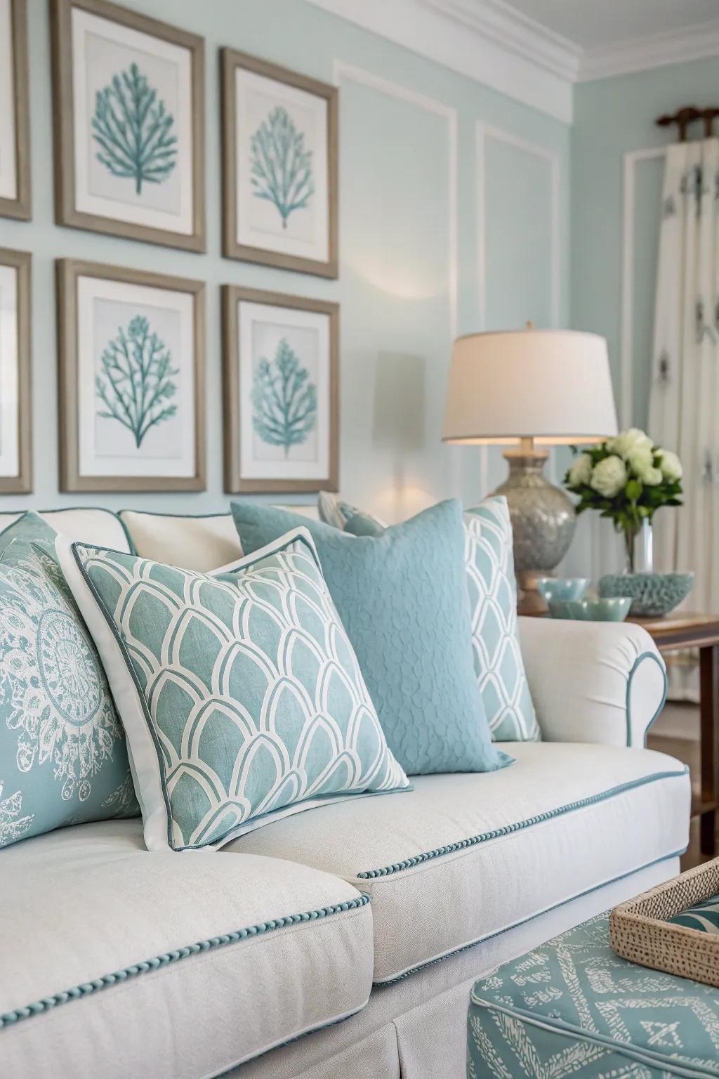 A room with a harmonious color palette of blues and whites.