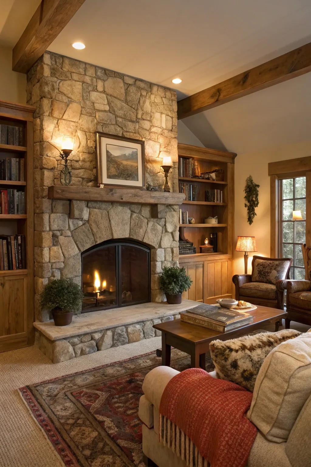 A living room showcasing the natural beauty of a stone fireplace.