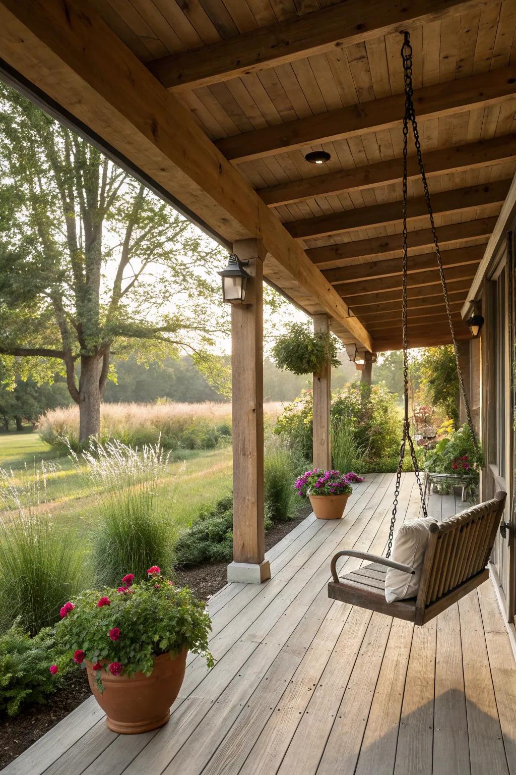 Visible supports contribute a countryside elegance to this veranda.