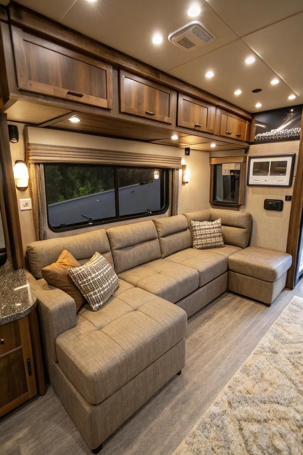 A modular sectional sofa offers adaptability for your RV area.