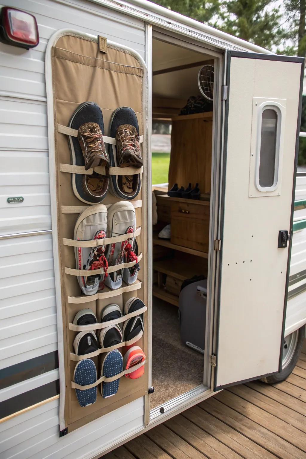 Change your RV door into a shoe sanctuary with a hanging organizer.