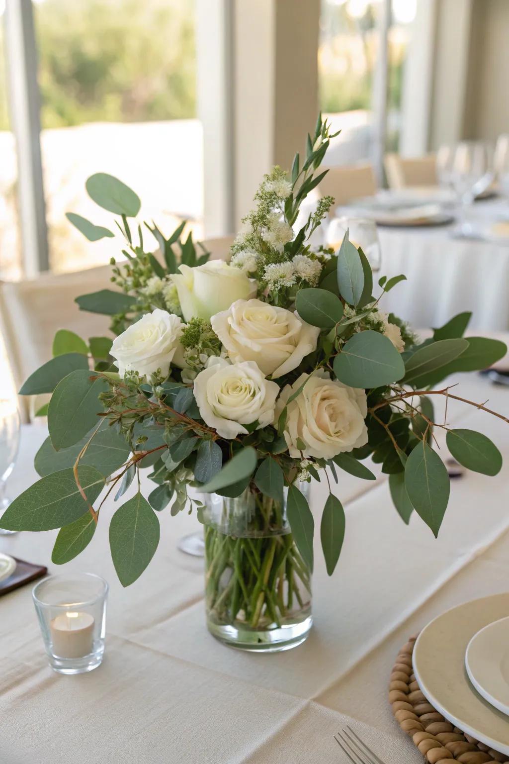 A timeless fusion of sage green foliage and pristine white flowers radiates pure elegance.