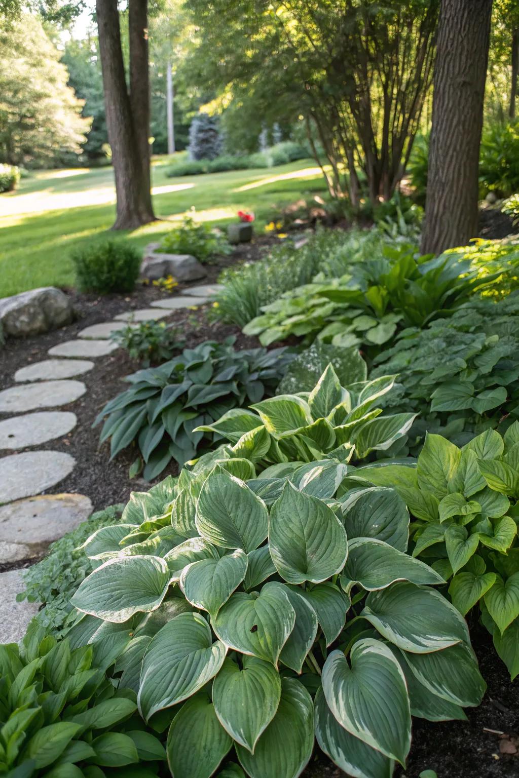 Hostas thriving in a shaded garden bed.