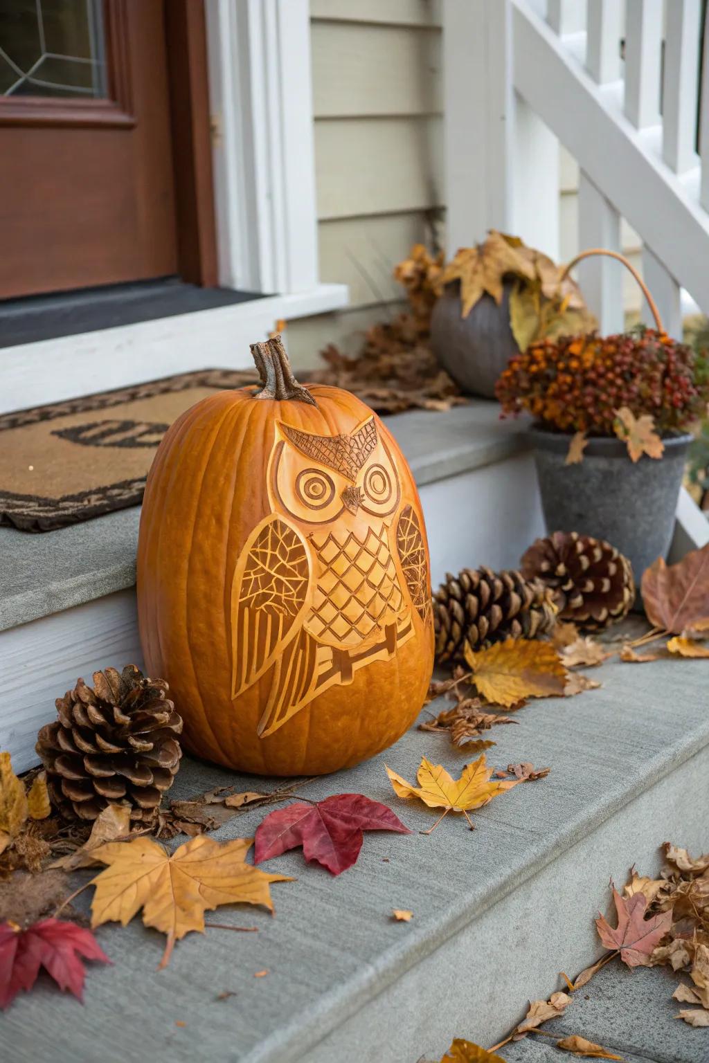 A charming owl carved into a pumpkin, infusing a touch of nature into your seasonal decor.