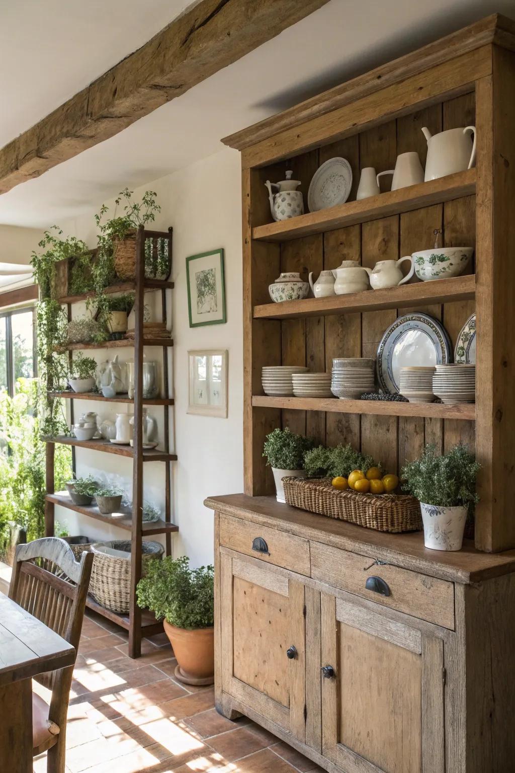 Weathered wooden shelves bring farmhouse elegance to the dining area.