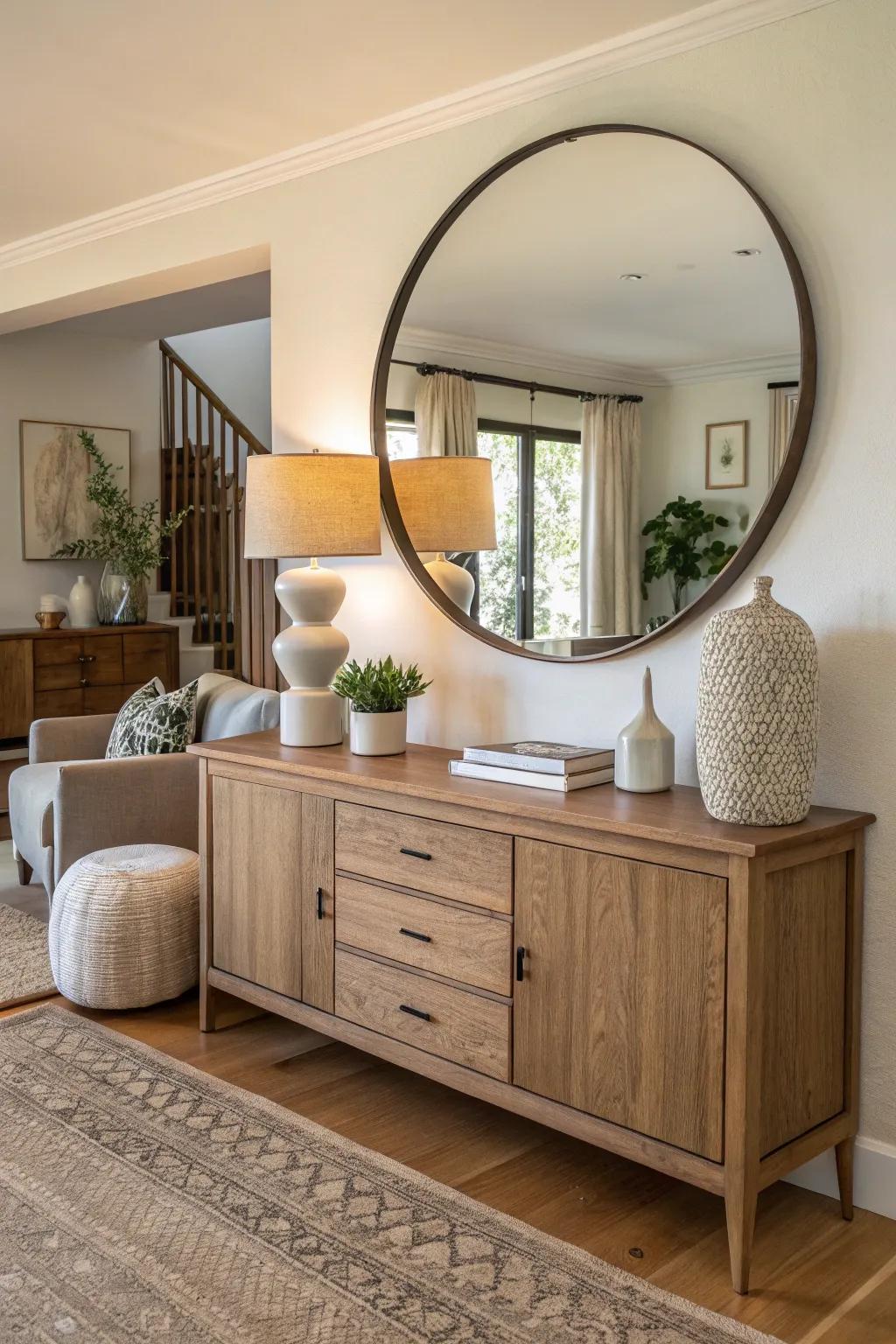 A sideboard enhanced by a large round mirror, creating depth and light in a cozy setting.