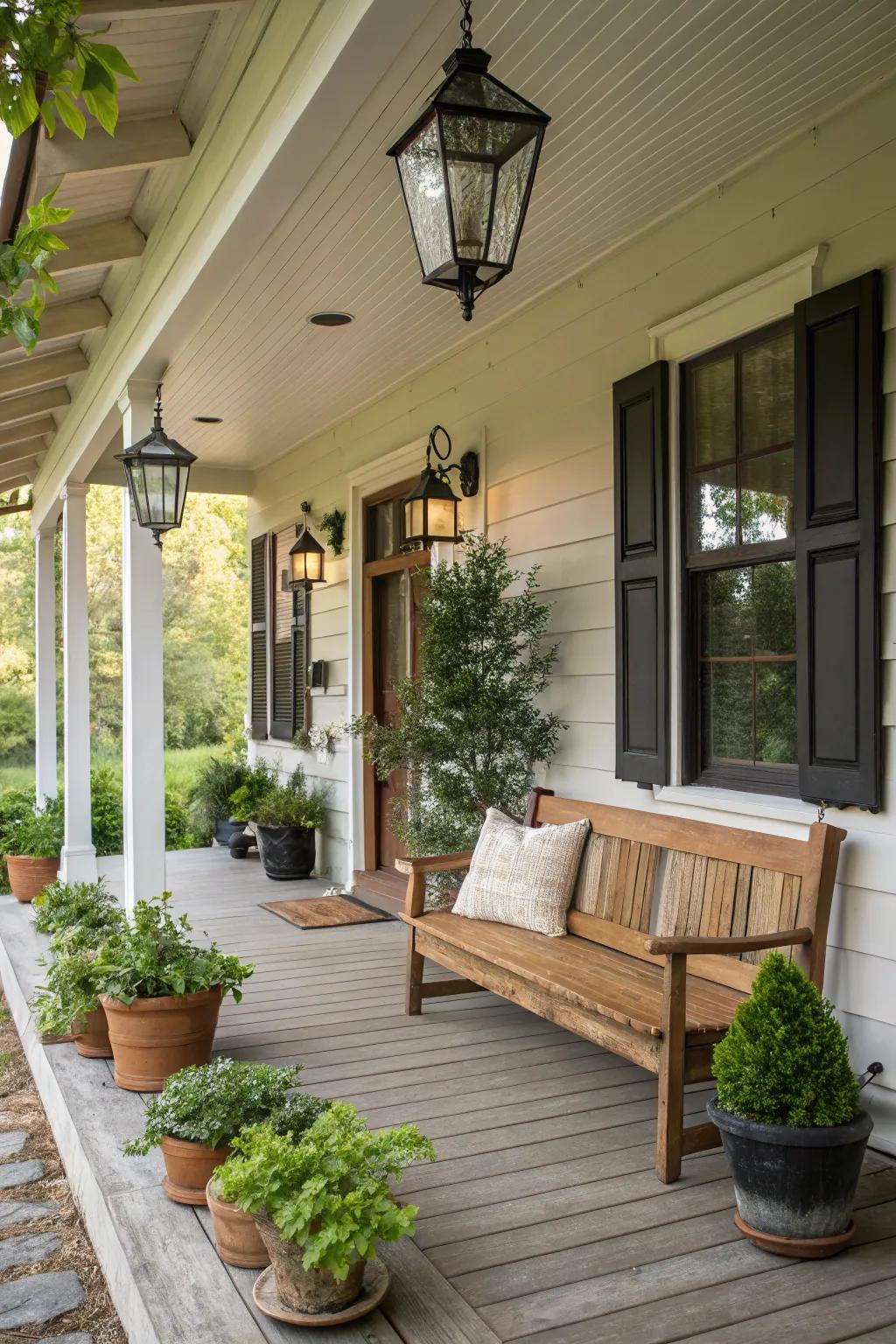 An inviting farmhouse front porch, perfect for relaxing and unwinding.