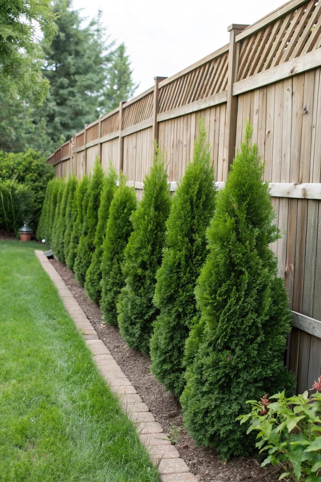 Evergreen shrubs provide a timeless and lush look to fence lines throughout the year.