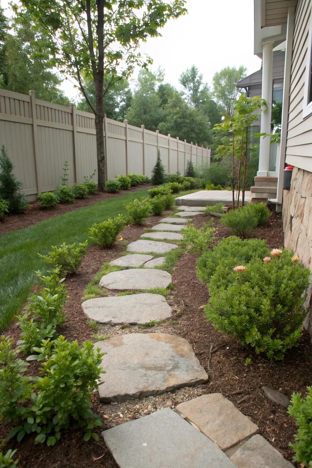 A simple stone pathway transforms the side of this house into a charming passageway.