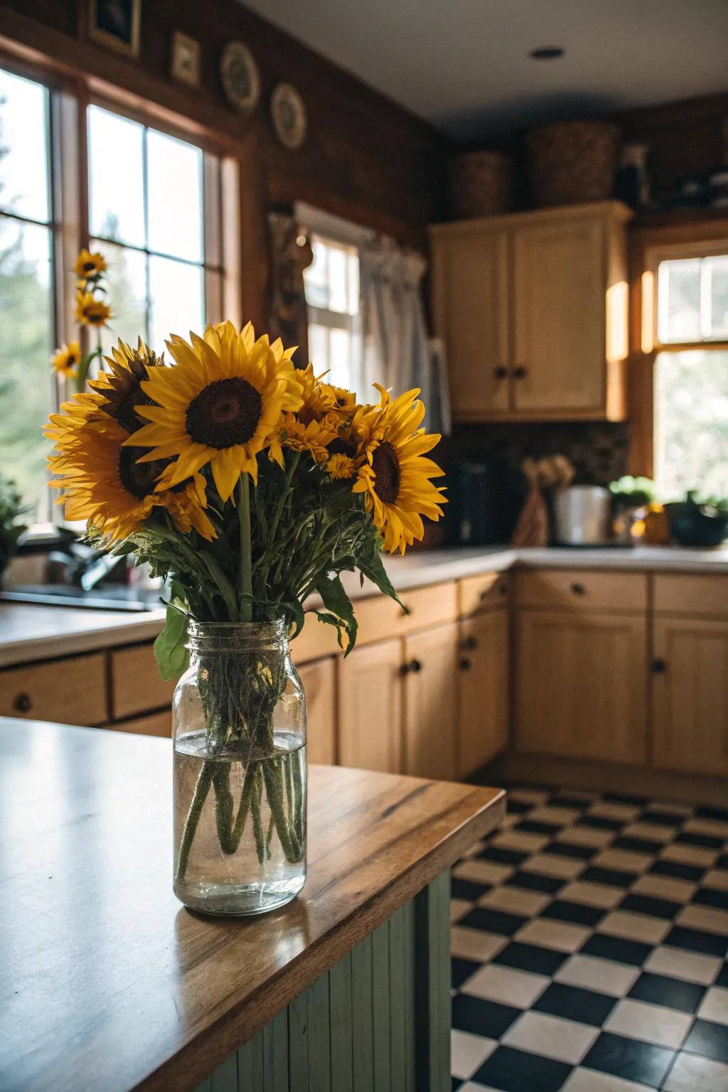 Sunflowers in a jar bring countryside charm to any kitchen.