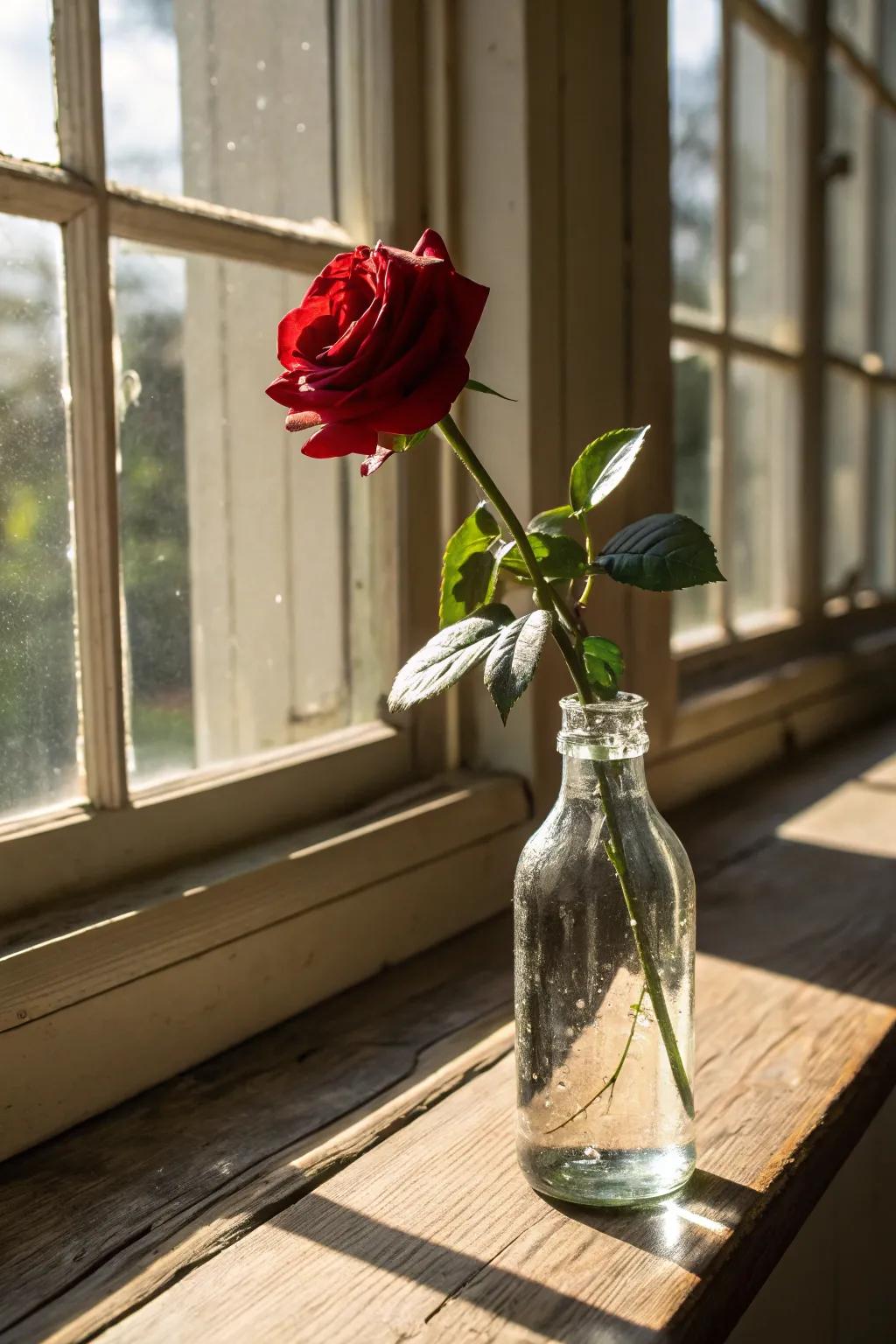 A single rose displayed in a glass bottle exudes timeless vintage charm.