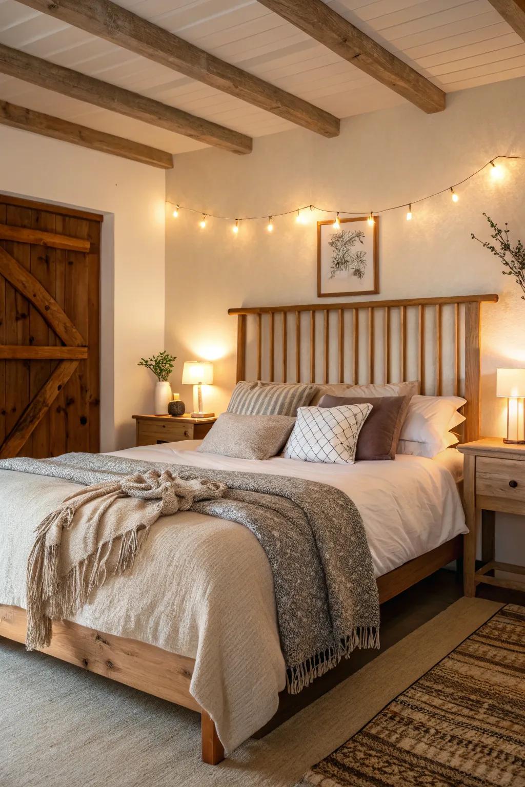 A serene bedroom highlighted by a wood slat headboard, enriching the space with warmth and tactile interest.