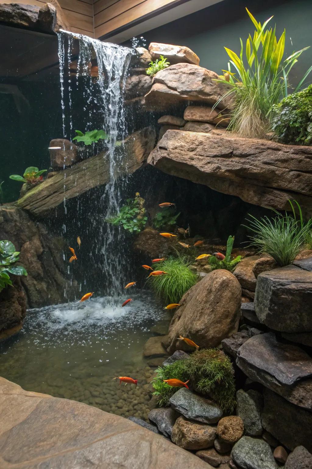 A tranquil slate waterfall in a home aquarium.