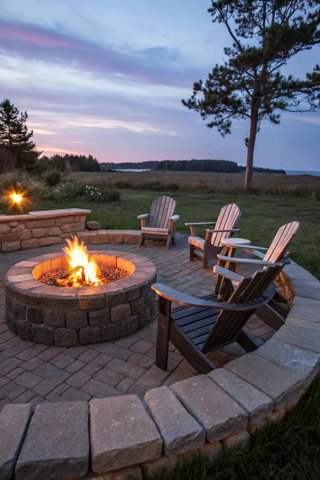 A classic circular stone fire pit accompanied by Adirondack chairs for a timeless appeal.