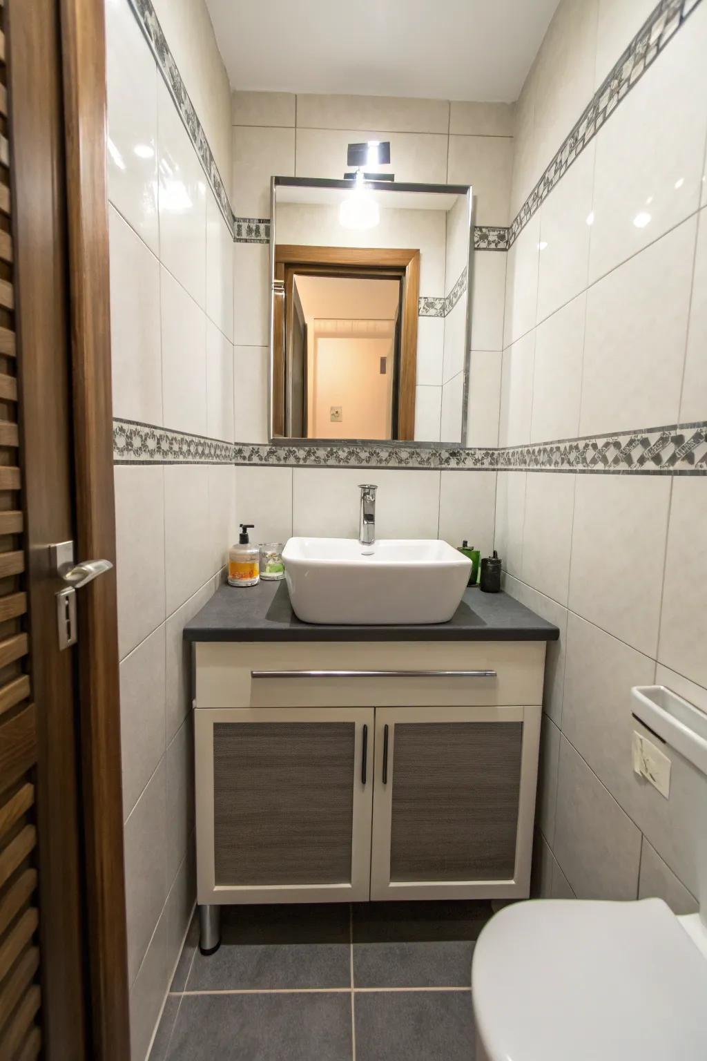 A trim vanity ideally suited for a small bathroom, blending aesthetic appeal with practical use.