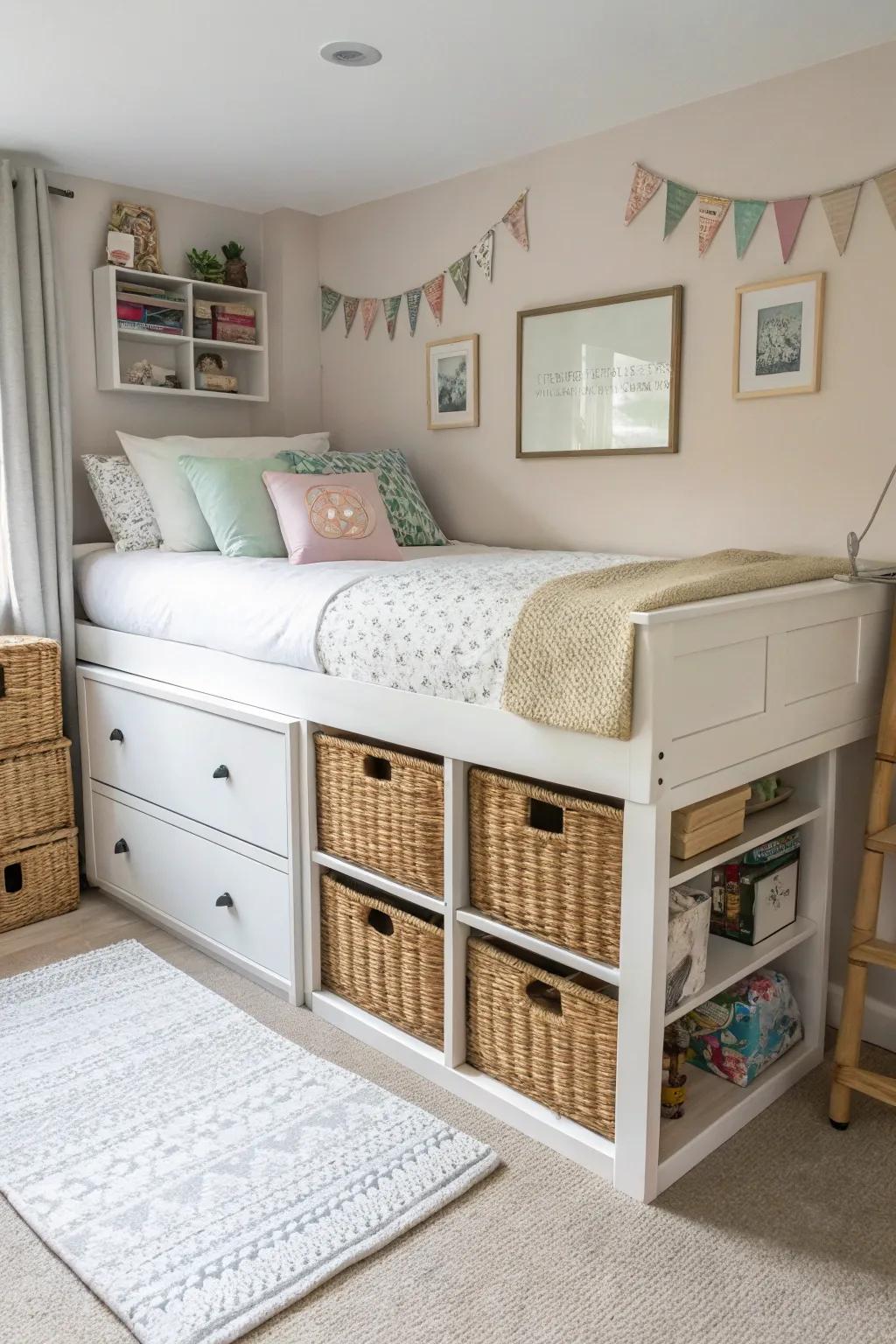 A compact bedroom showcasing a bed designed with built-in storage solutions for optimum space use.