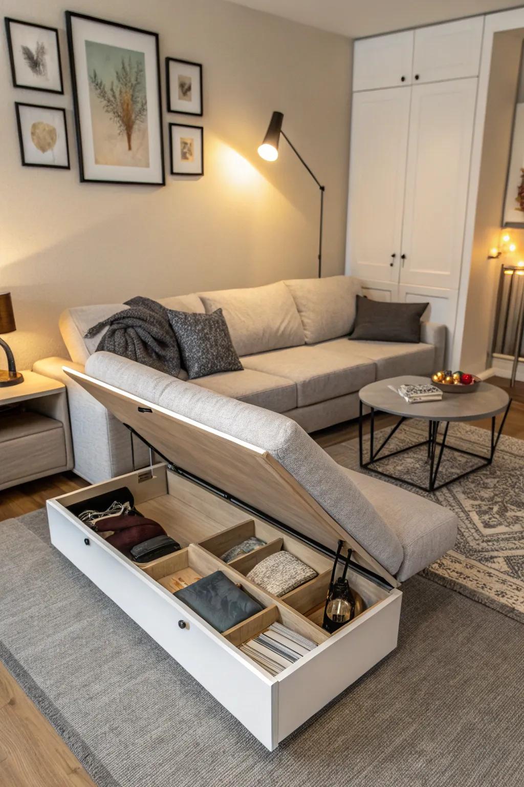 Multifunctional furniture like a convertible sofa and storage coffee table maximizes utility in small man caves.