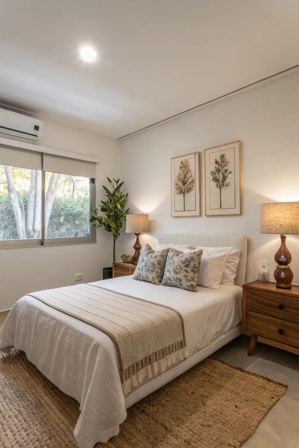 Minimalist aesthetics amplify the sense of space and serenity in a compact primary bedroom.