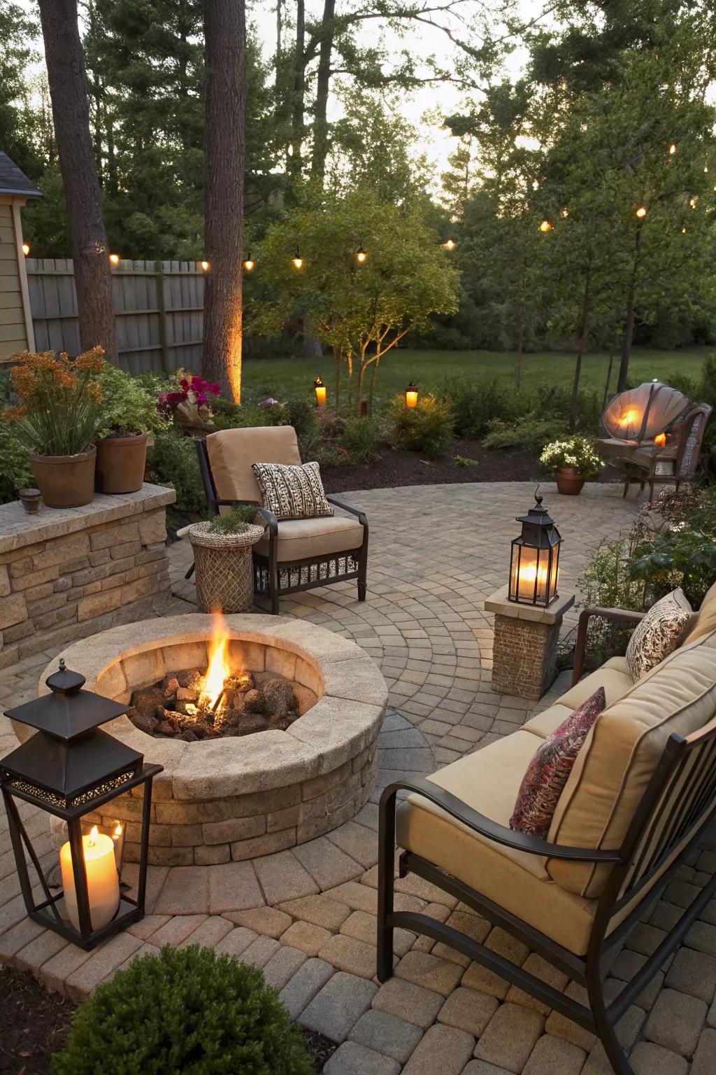 A streamlined patio layout featuring a warm and welcoming fire pit setup.