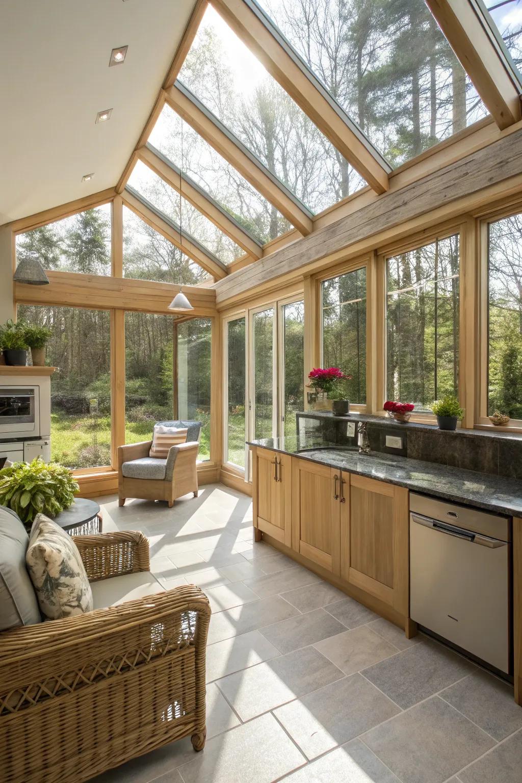 Vast windows craft an expansive and radiant ambiance.