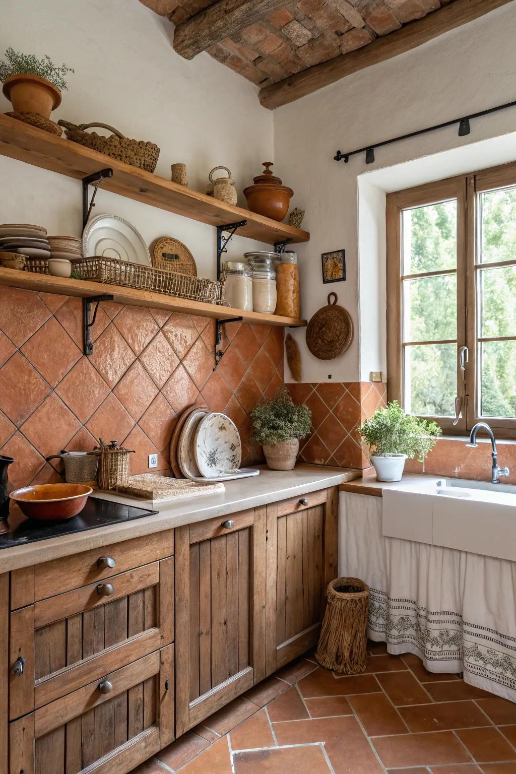 Warm terracotta tiles infuse your kitchen with the ambiance of a desert sunset.