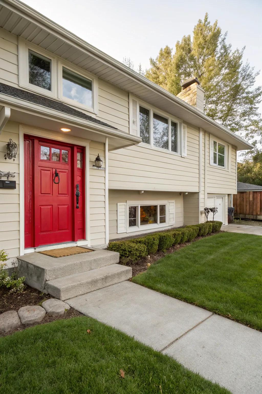 An eye-catching crimson entryway introduces a powerful focal element to this split level abode.