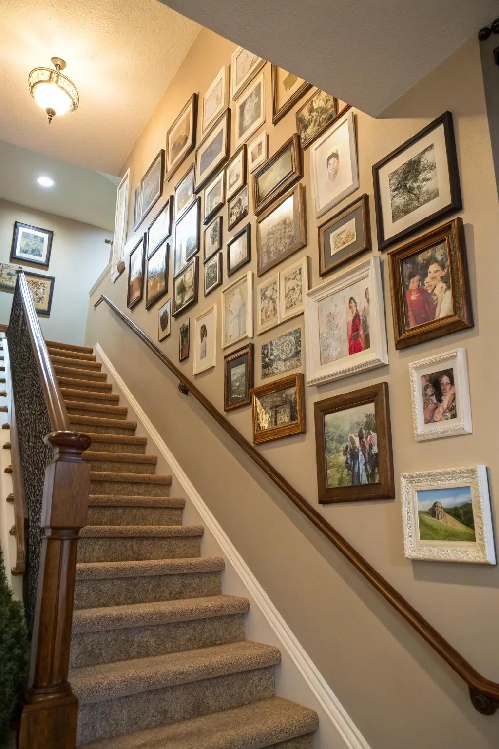 A bespoke gallery display elegantly enhances the staircase.