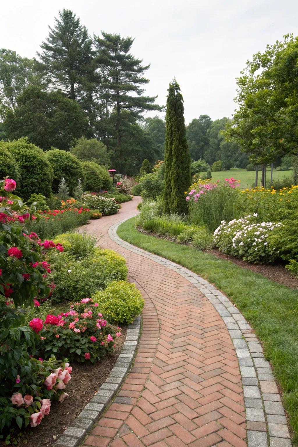 Charming garden path with brick-look stamped concrete border