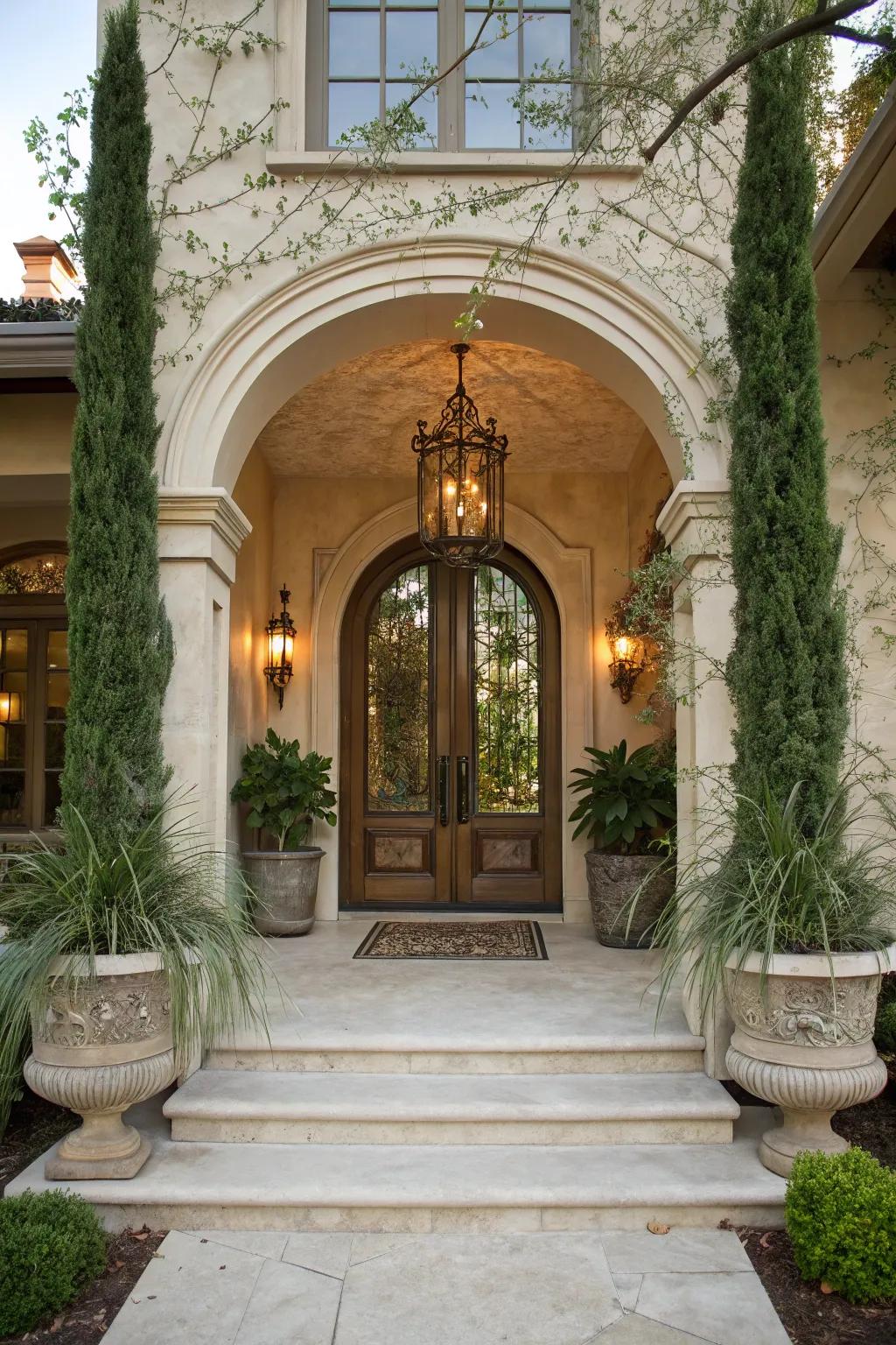 An impressive entrance featuring an arched doorway that enhances the porch's sophisticated feel.