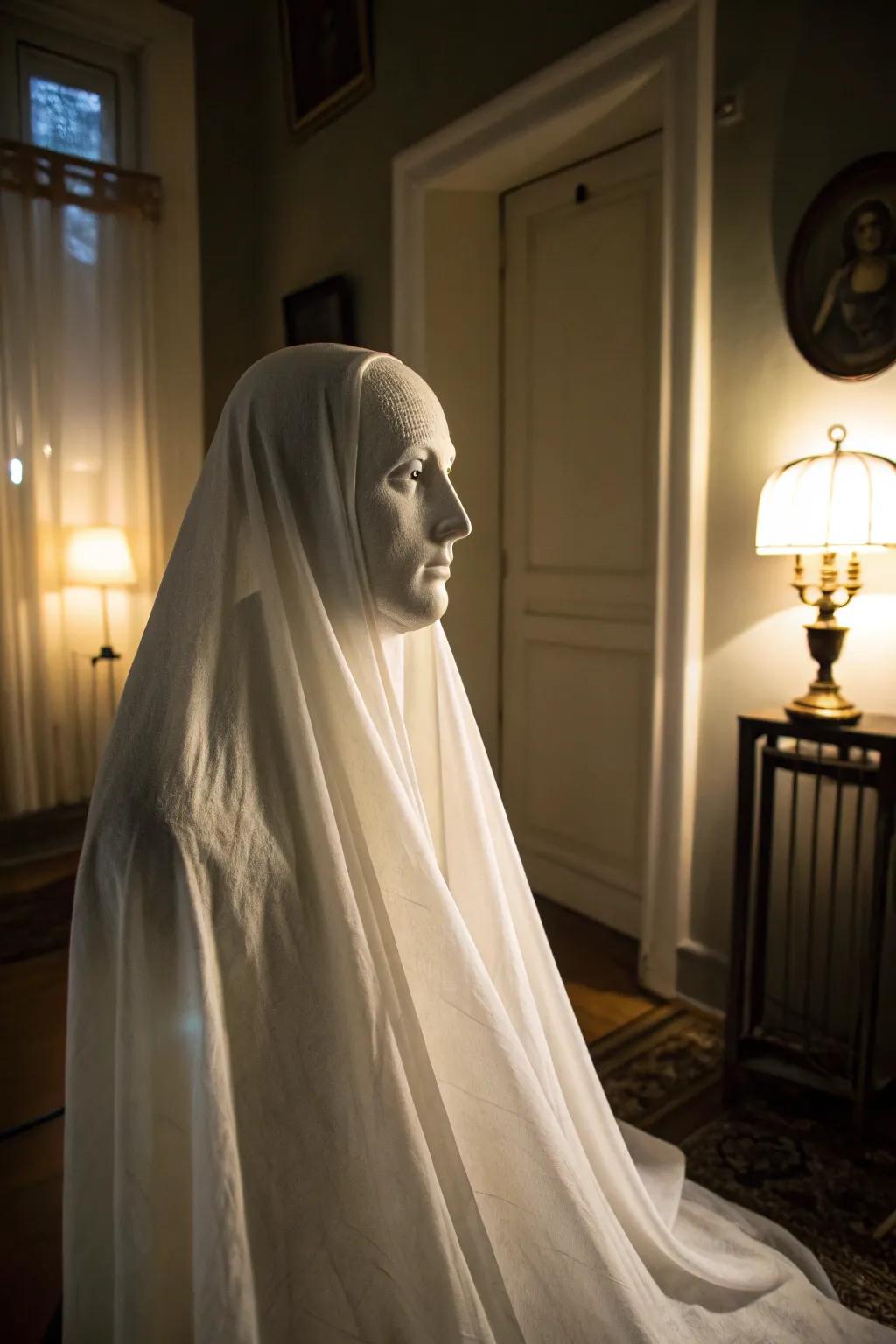 A ghostly head draped in fabric, perfect for a haunting atmosphere.