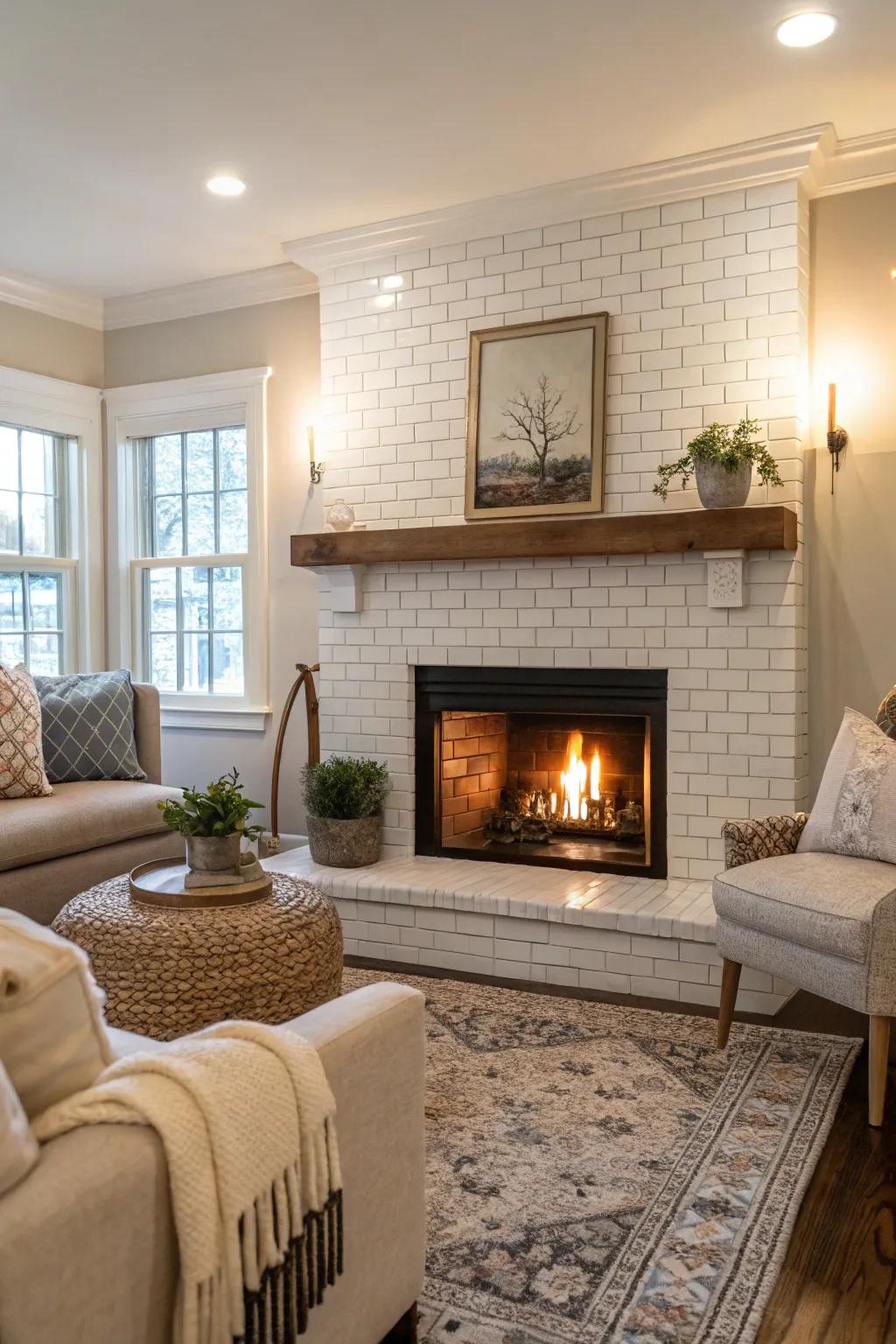 A classic white strip tile fireplace introduces timeless elegance to any space.