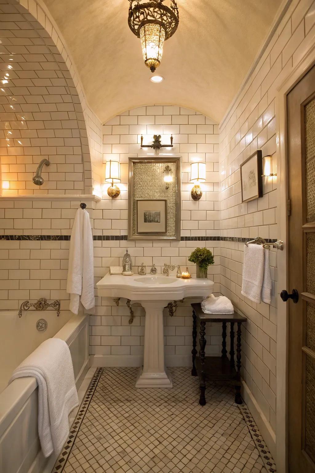 In the bathroom, classic white tiles create a timeless and refreshing aesthetic.