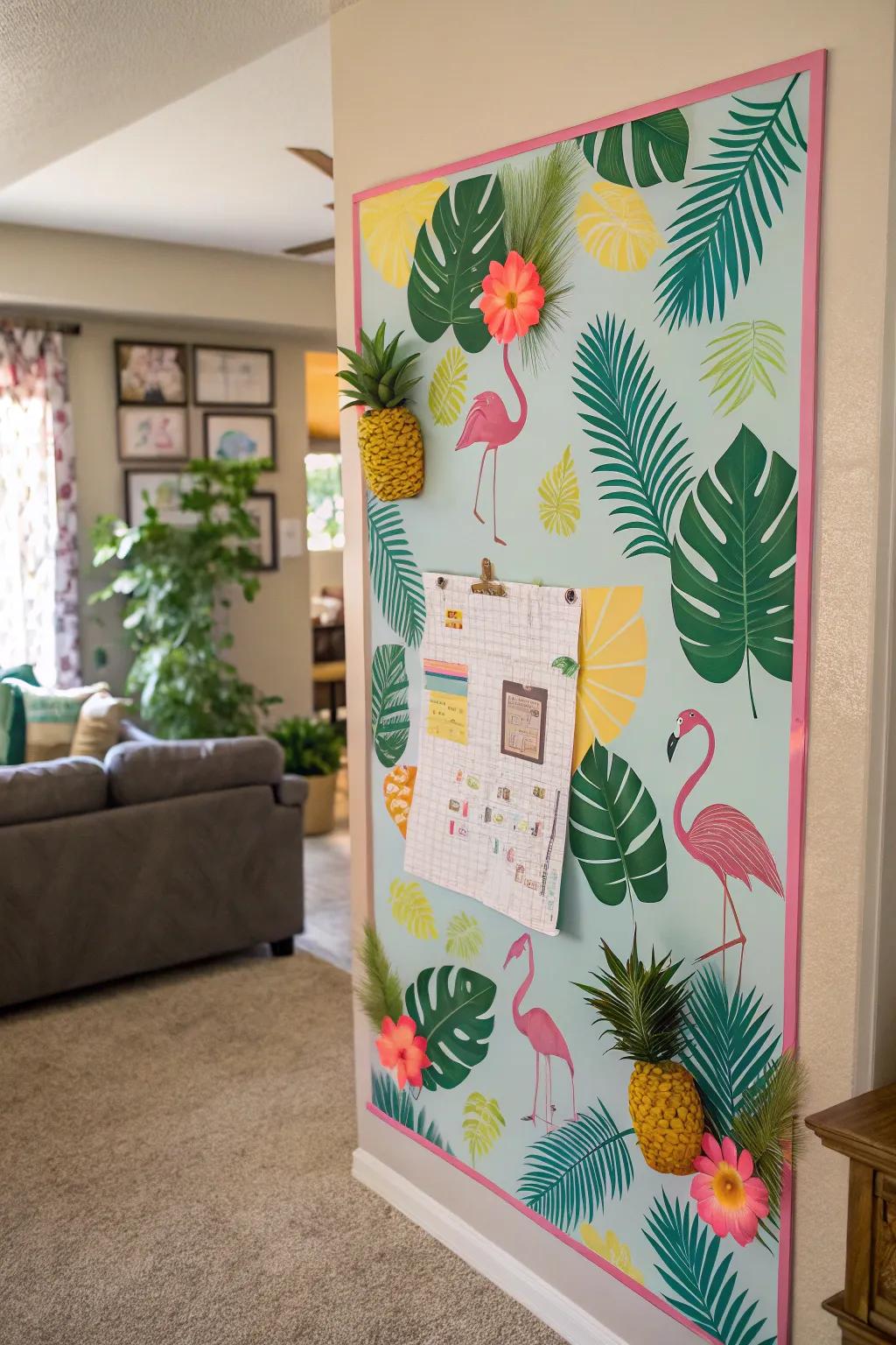 A bulletin board transformed into a tropical paradise with elements like palm leaves and flamingos.