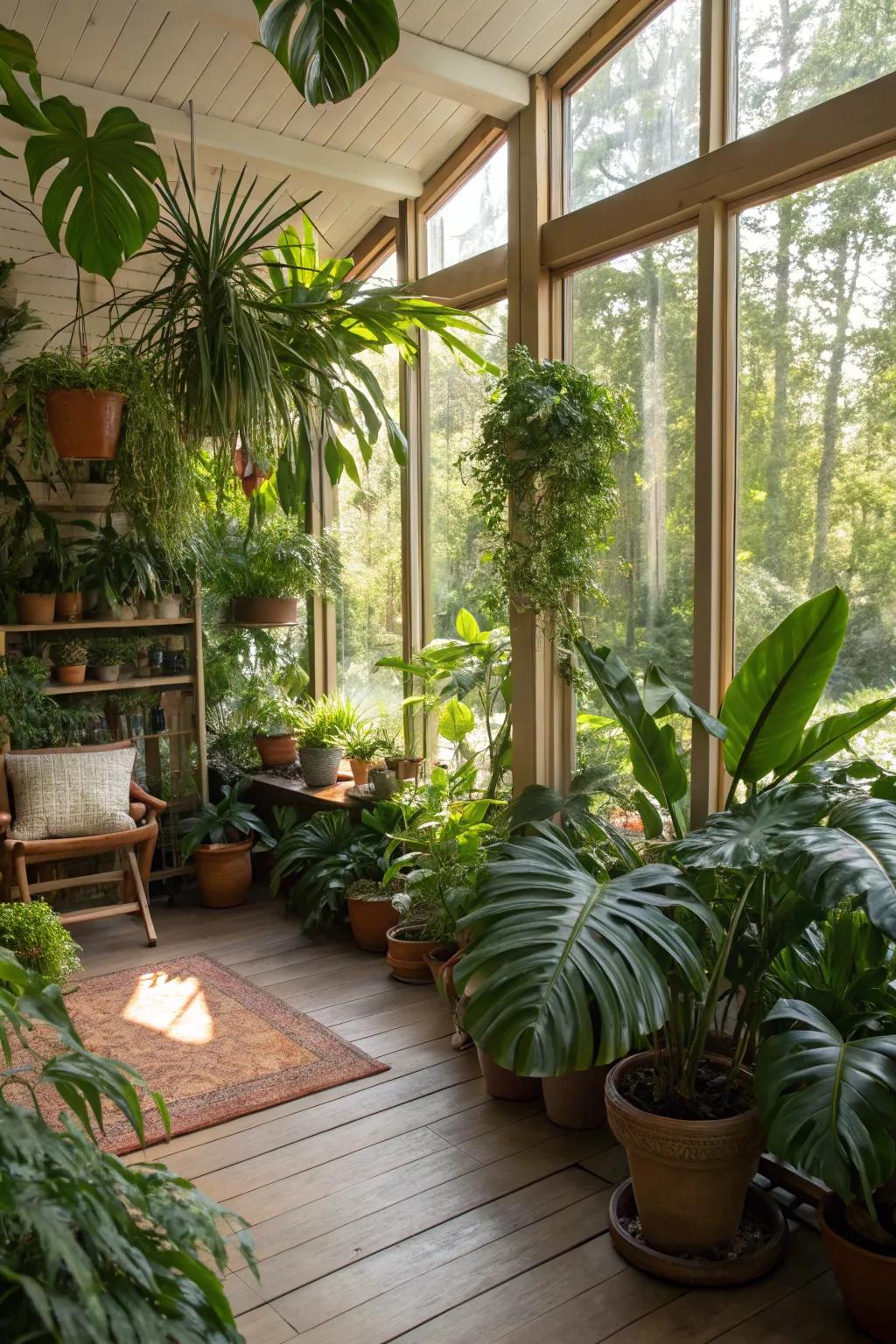 A sunroom reimagined as a flourishing indoor botanical paradise.