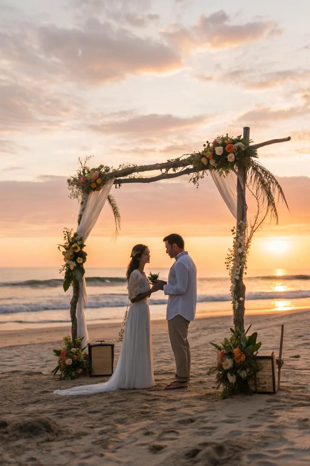 A personal ceremony unfolds on the beach, framed by a simplistic floral structure.