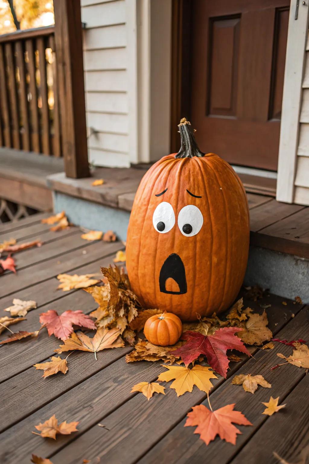 A tall pumpkin with a surprised expression adds a touch of whimsy to any decor.