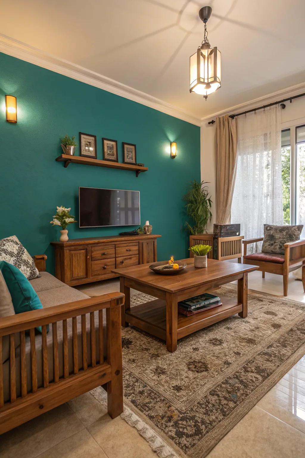 Living room featuring a teal statement wall enhanced by wooden accents.