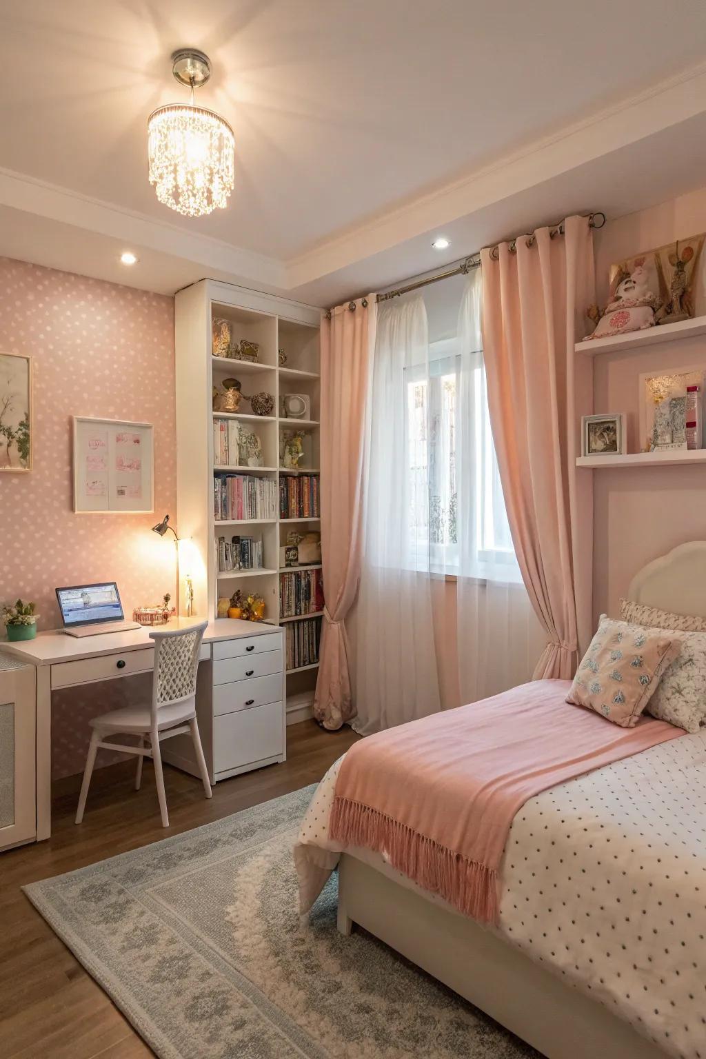 A tranquil teen girl's bedroom showcasing soft pastel hues for a calming ambiance.