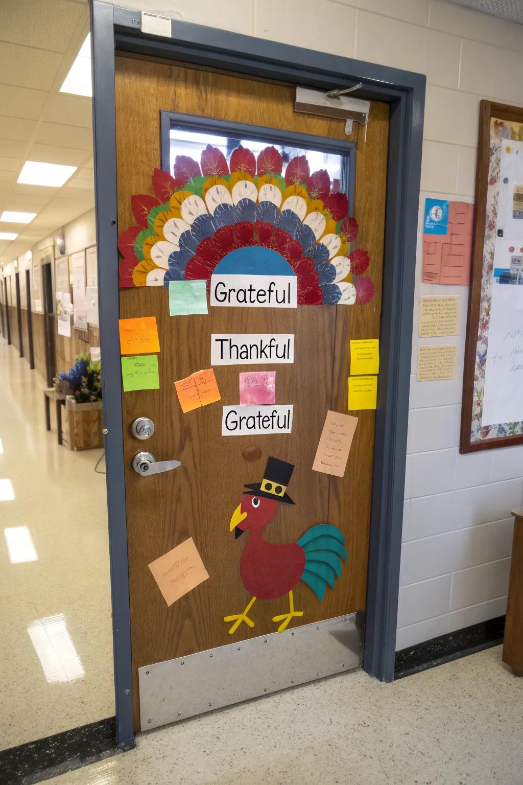 A Thankful Turkey door display, adorned with feathers bearing messages of student gratitude.