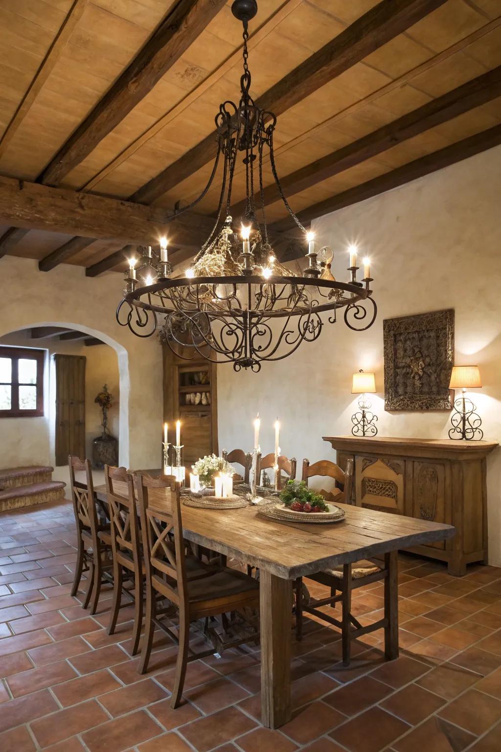 Wrought iron chandeliers add classic Tuscan charm.