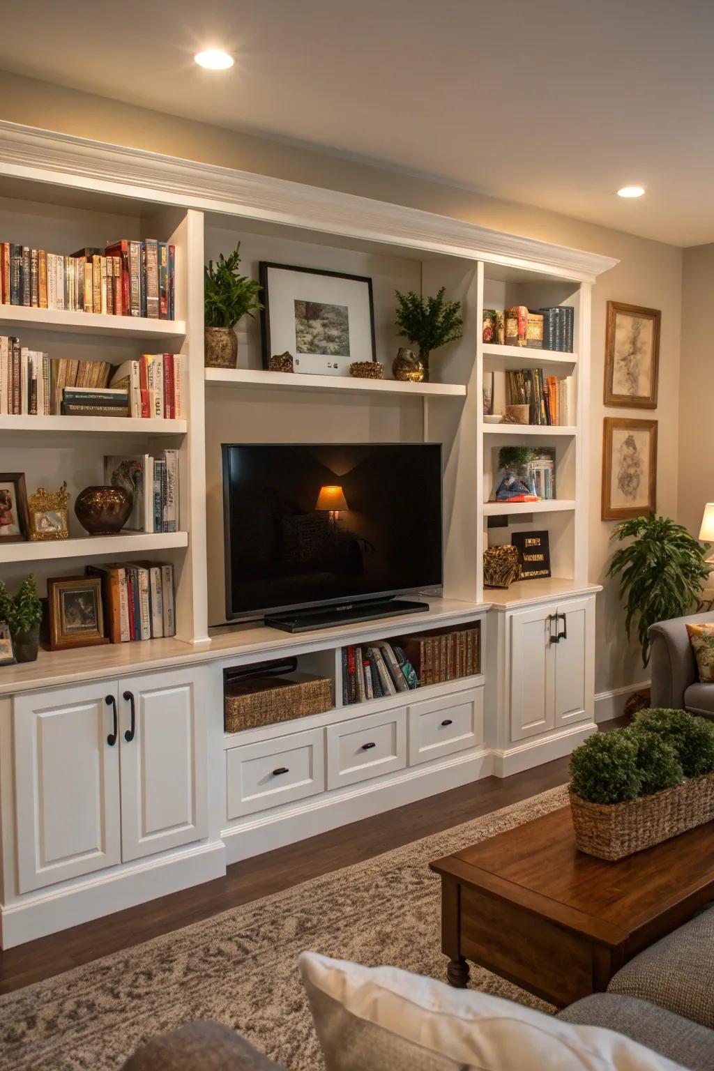 A welcoming lounge featuring a TV nestled within custom shelving.