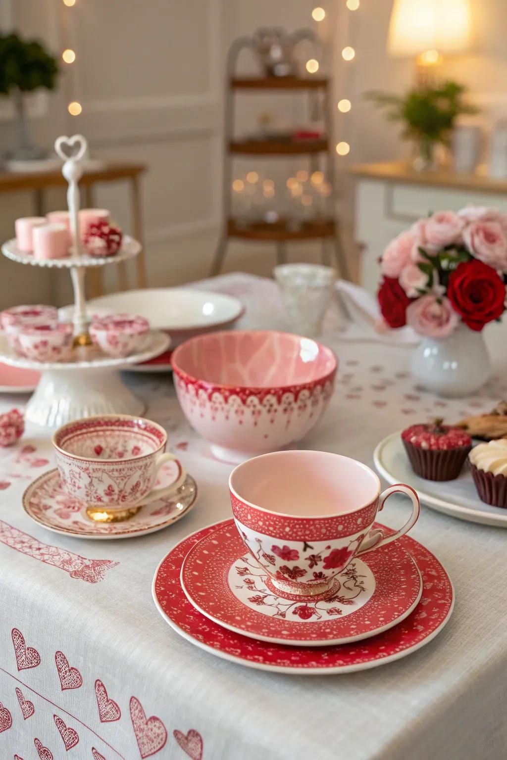 A romantic table setting blending vintage and modern elements for Valentine's Day.