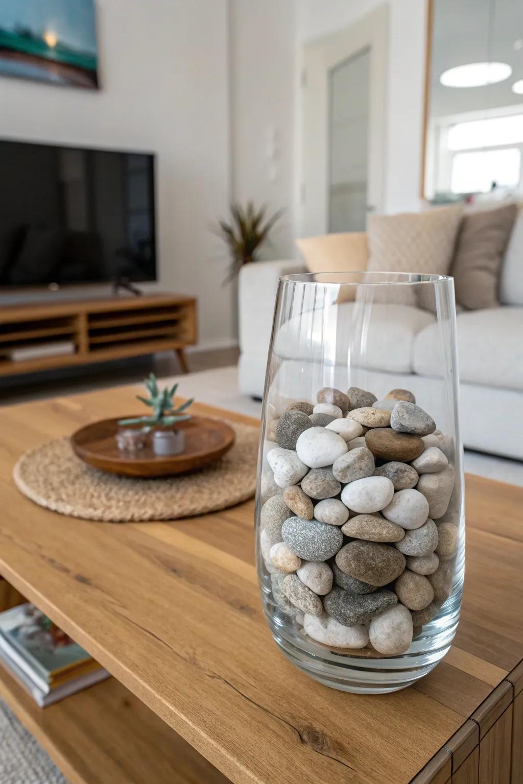 Establish a calming environment with smooth stones in your vase.