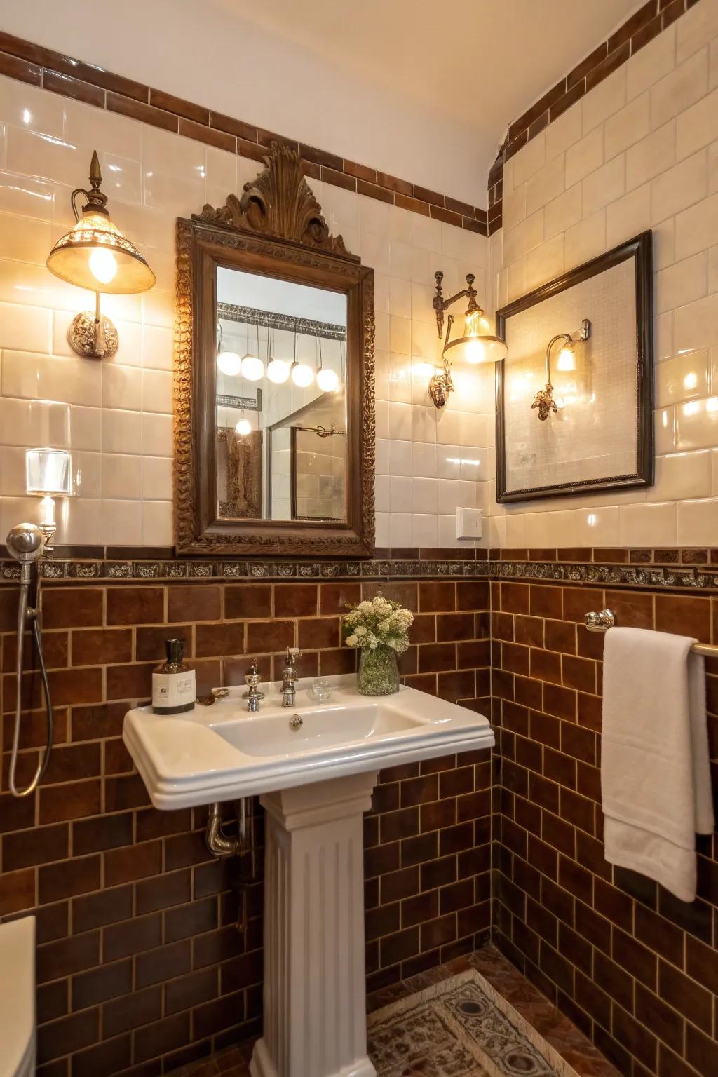 Lustrous brown tiles beautifully reflect light, establishing a retro ambiance.